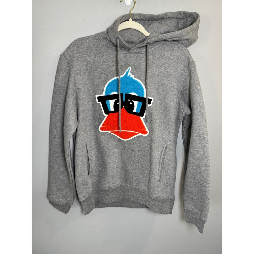 Fasion Geek. Mens Heather Gray Duck with Glasses Chenille Patch Graphic Hoodie S